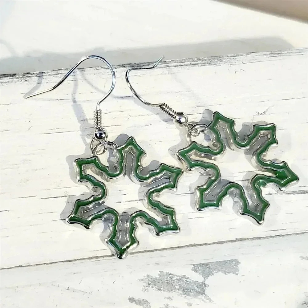 Enameled Snowflake Drops Silver Green Winter Christmas Holidays Earring - Picture 2 of 6